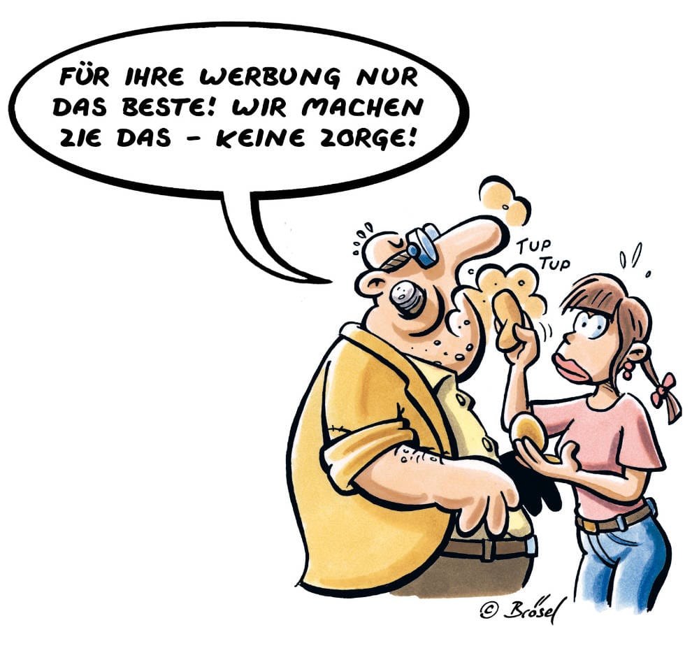 Cartoon mit Meister Röhrich und einer Frau