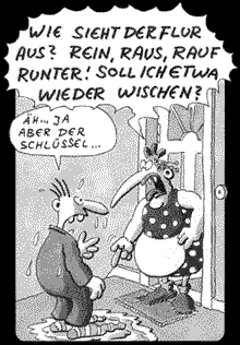 Cartoon WERNER und Frau Glör im Treppenhaus