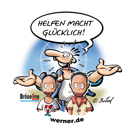 WERNER mit Sprechblase: Helfen macht glücklich! und zwei zufrieden schauenden Kindern
